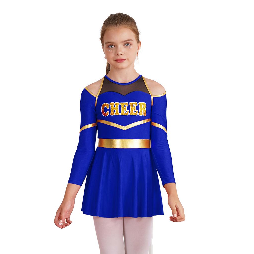 Complete Cheerleading Outfit for Girls: Contrast Color Long Sleeve Leotard Dress Featuring Cold Shoulder & Keyhole Back Detail
