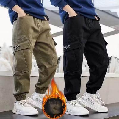 Boys Cargo Pants Winter Streetwear Jogger Sweatpant Trousers Teenage Kids Elastic Waist Long Pants for Children 10 To 12 Years