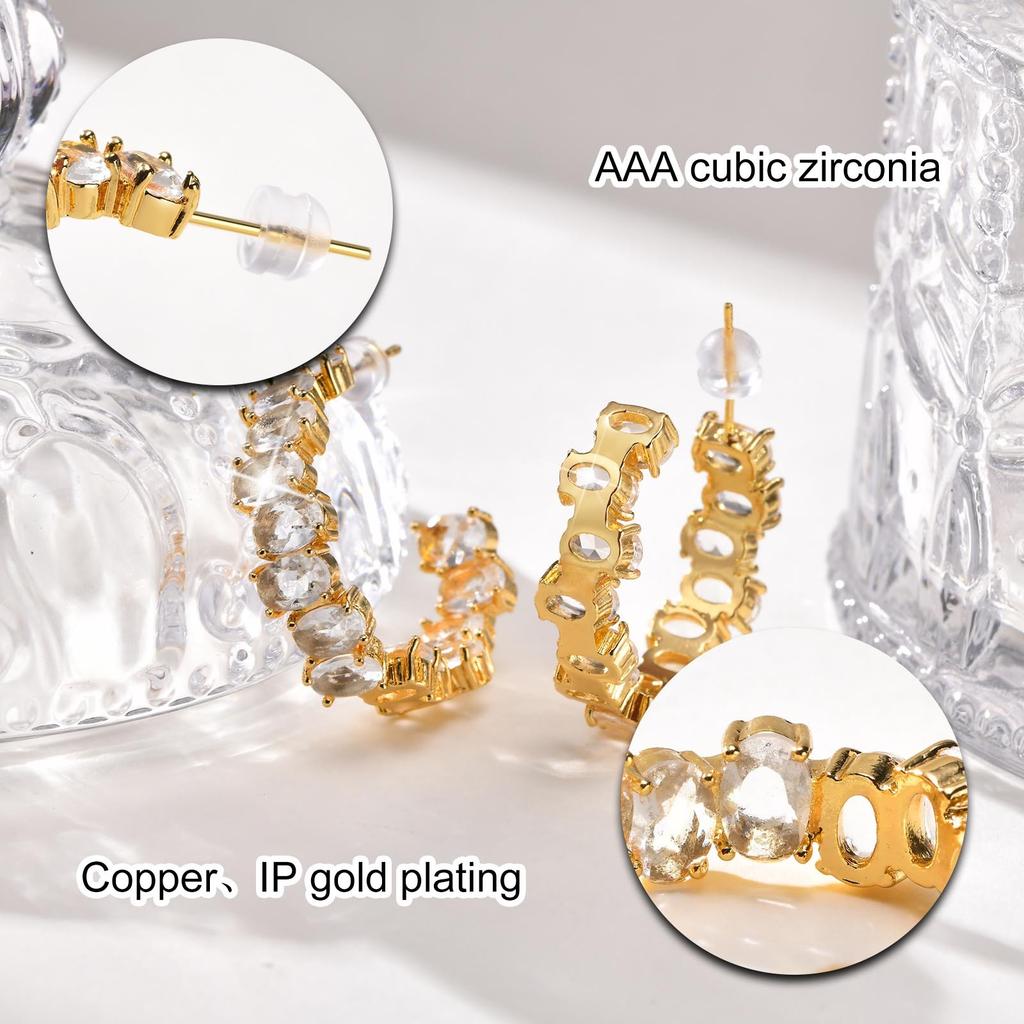 Cubic Zirconia Open Hoop Earring for Women, C Shape CZ Hoops 18k Gold Plated Ear Jewelry, Daily Party Wedding Gift