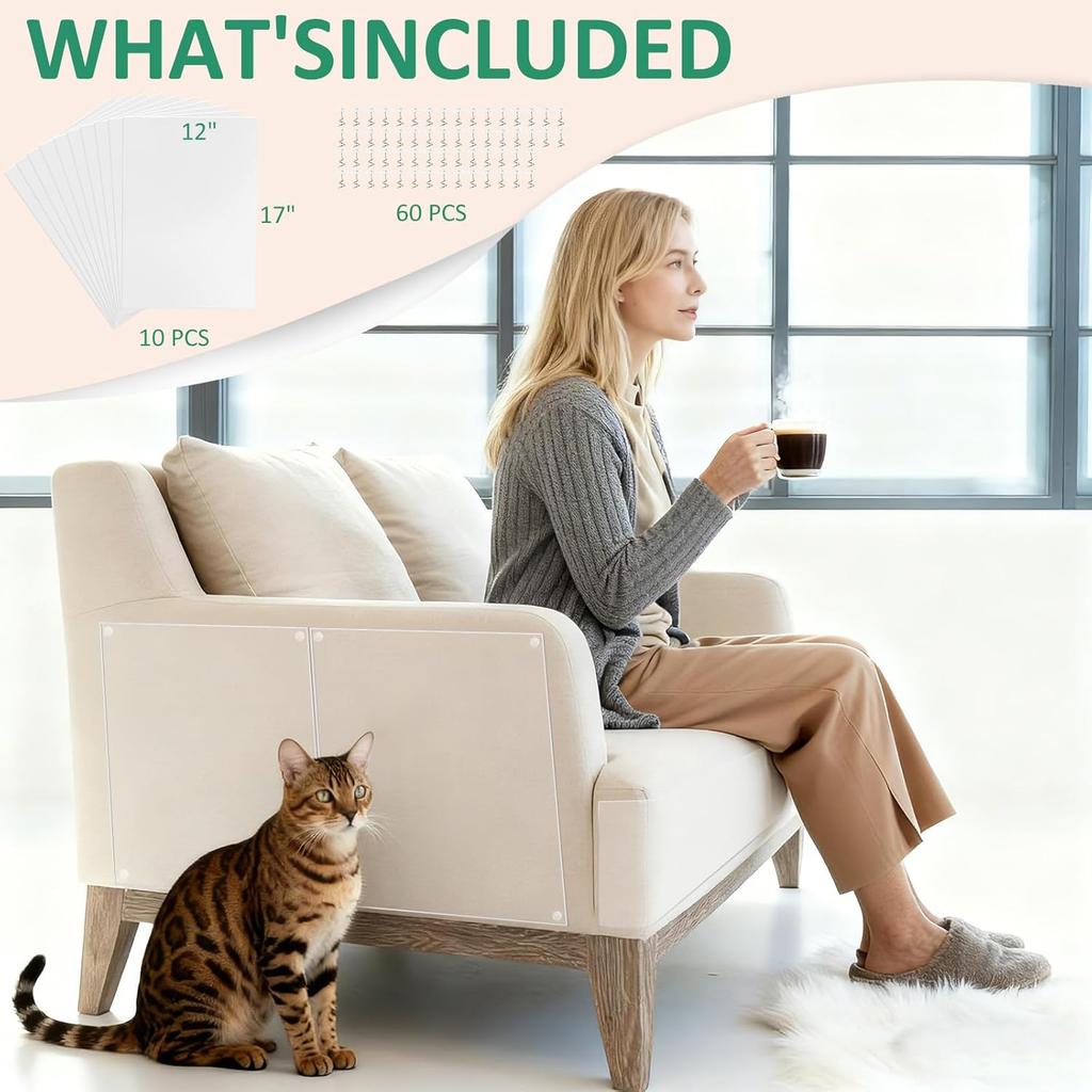 Anti-Cat Scratch Furniture Protector - 10 Pack Couch Protectors from Cats Claws, Clear Cover Protection from Cat Scratching on Your Sofa, Furniture,