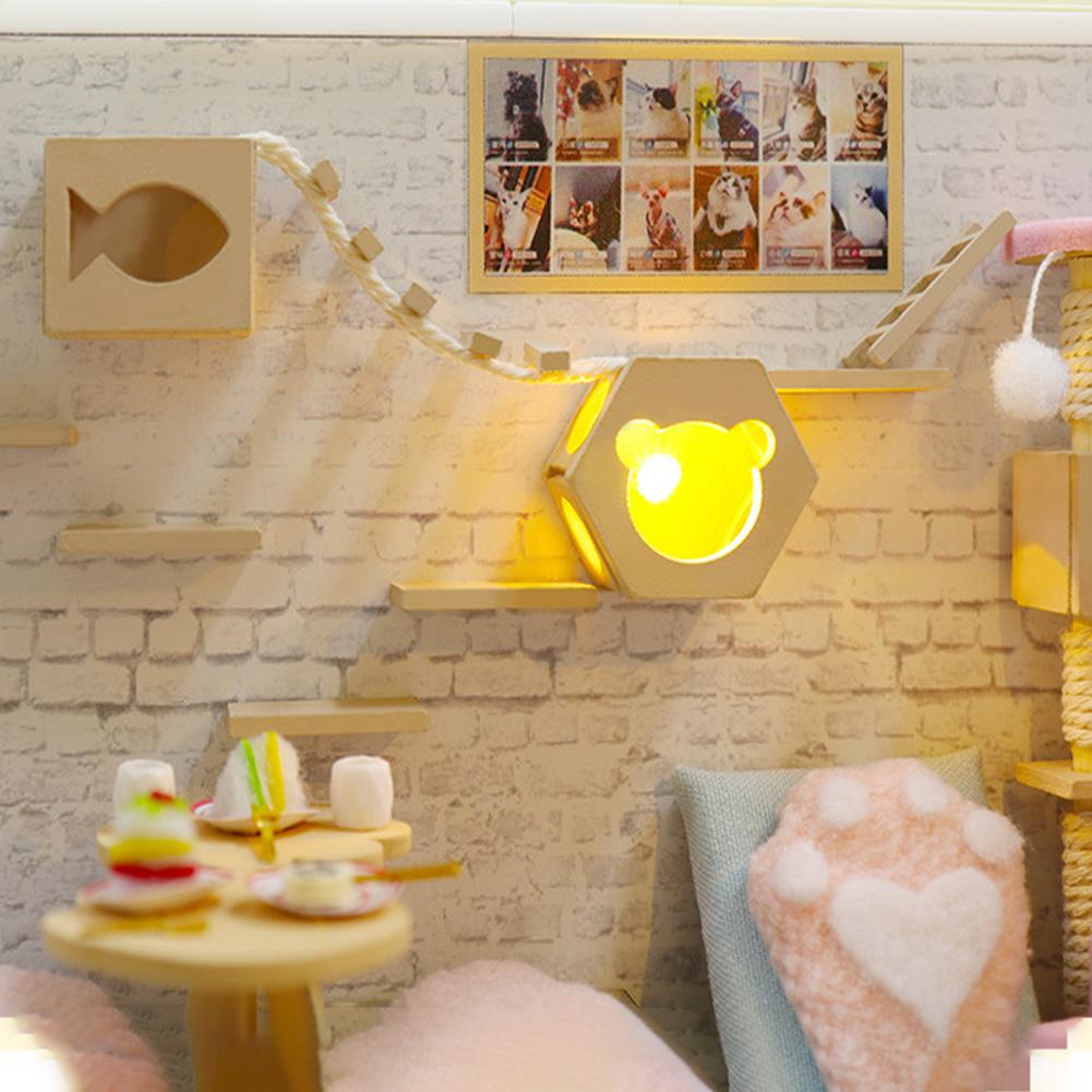 Kit Casă de Păpuși Miniatură DIY Cafenea Pisici Cu Muzică și Lumină Cafenea Pisici Model Mini Casă de Păpuși Kit de Construcție Cu Mobilier