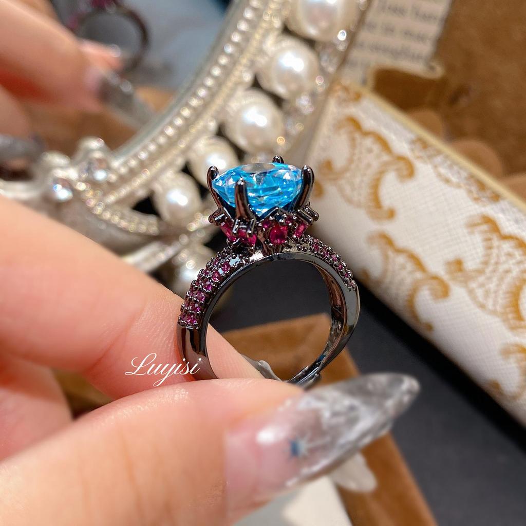 Octagonal Millennium Rose Cut Aquamarine & Purple Diamond Black Gold Ring