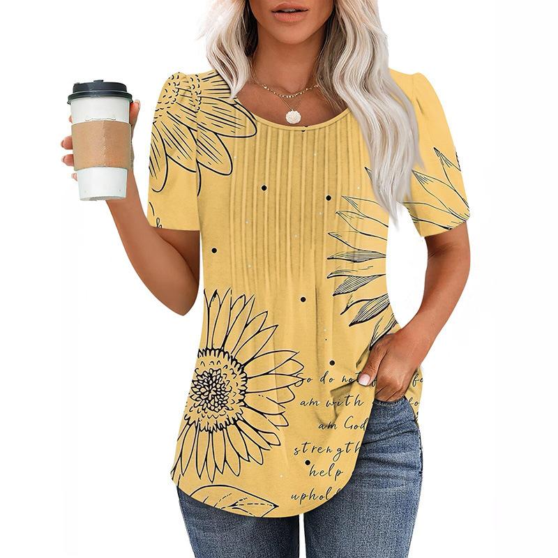 Neues plissee-Rundhals-Kurzarm-T-Shirt Damen-Oberteil Damenbekleidung