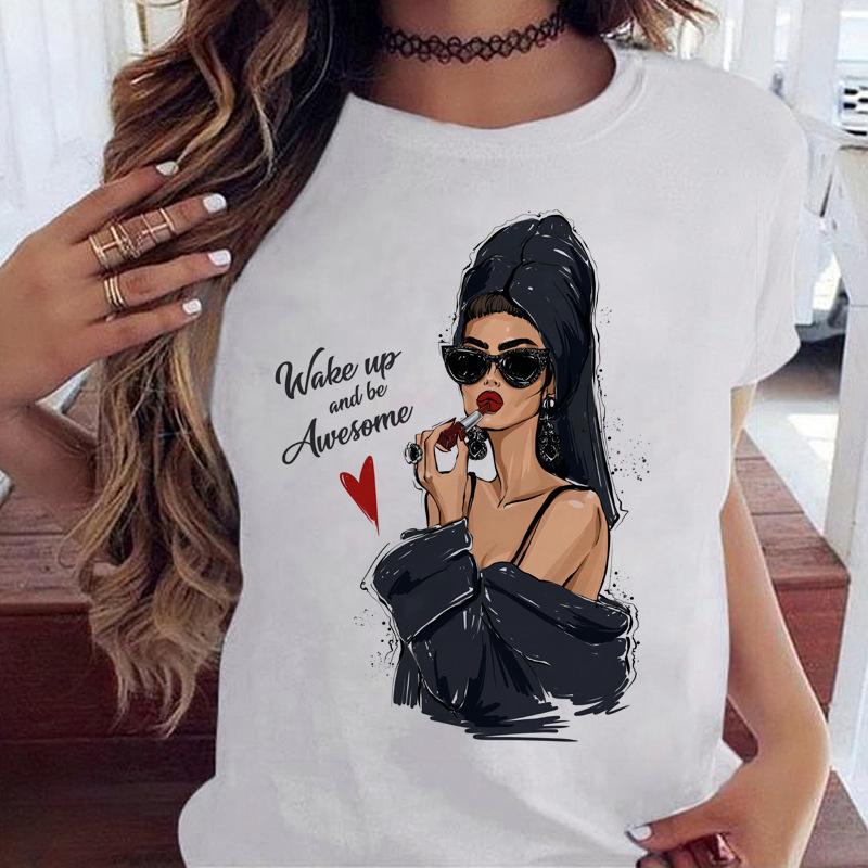 Women's Top Urban Girl Printed Casual White Cute Simple Retro Front Shoulder Pure Cotton Short Sleeved T-Shirts Women’s