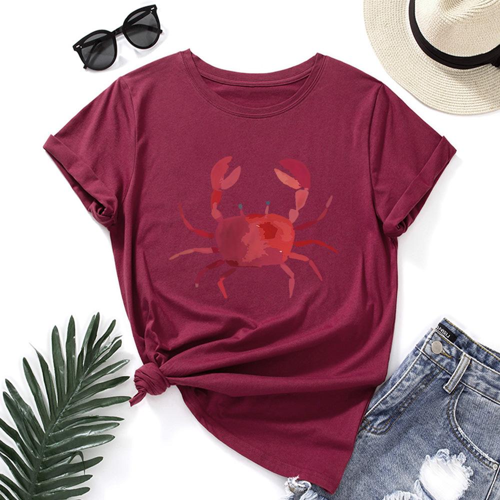 Fashion Women's Clothing Cute Crab Print Loose Crew Neck Short Sleeves T-Shirts Women’s