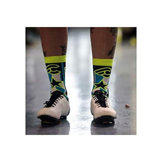 Cinelli STAR Fluorescent Socks, Yellow/Light Blue/Black, M/L