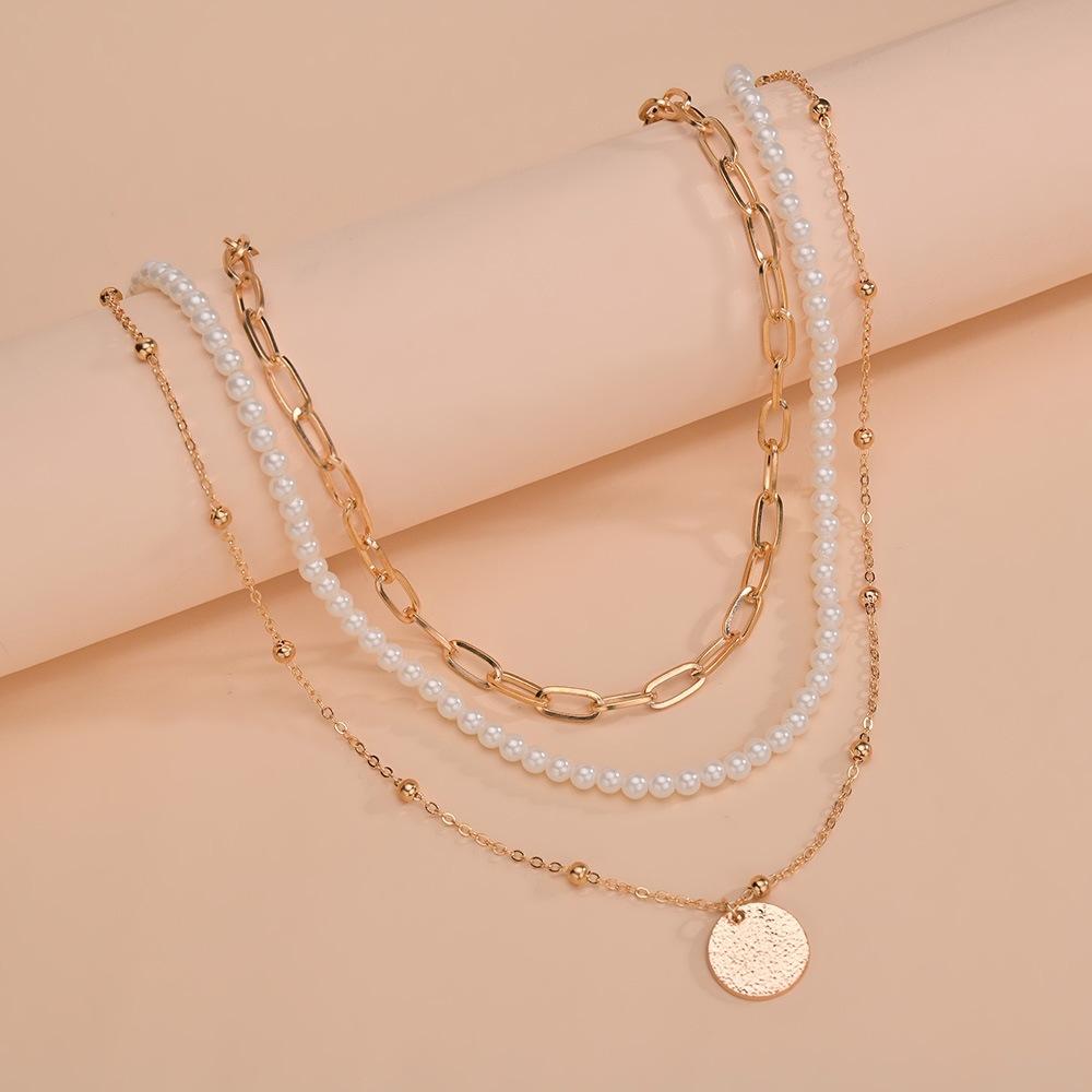 Exaggerated Personality, Paperclip Chain, Pearl Neck Chain, Geometric Disc Pendant, Multi-layer Metal Necklace.