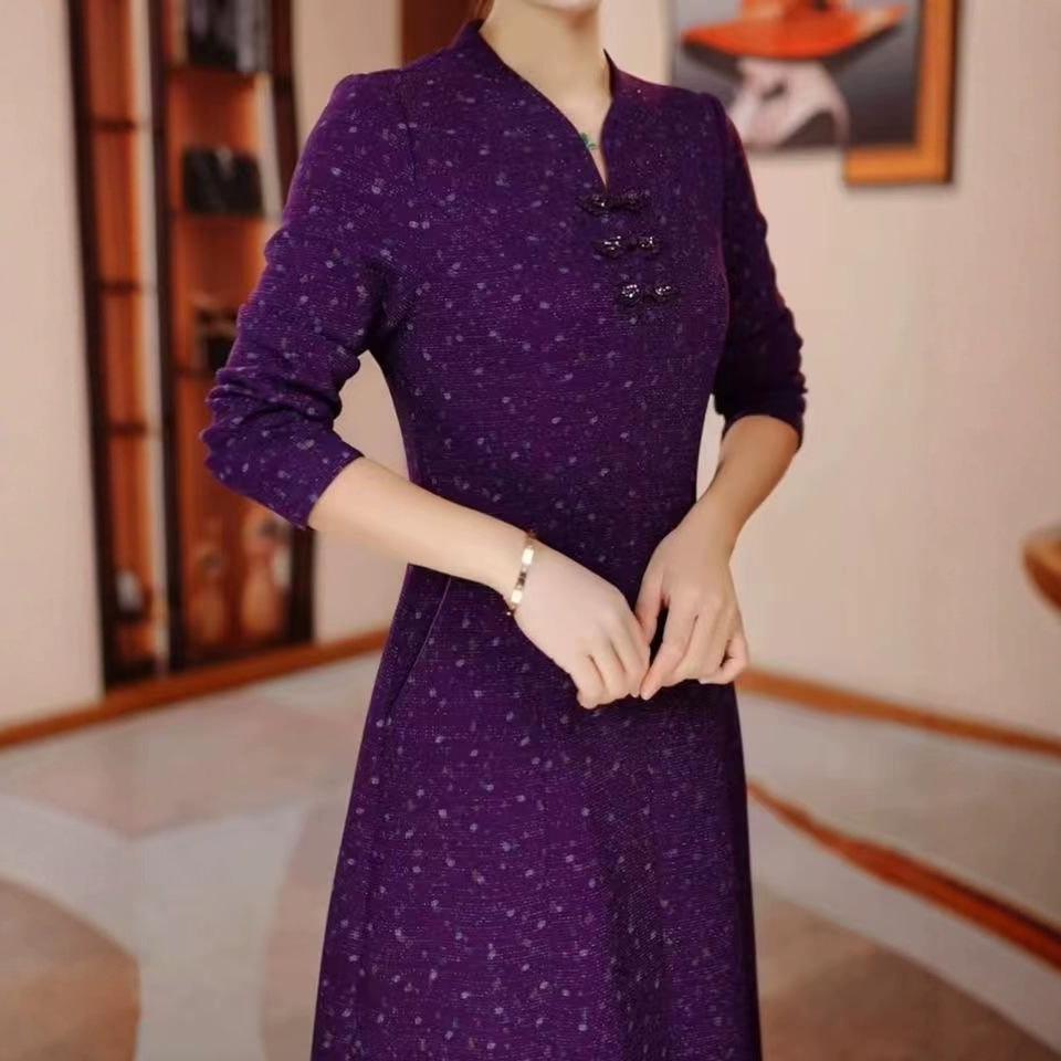 

Элегантное миди-платье с приталенным силуэтом для женщин среднего и пожилого возраста, весна/осень 2025 L (suggested weight 105-120 jin) фиолетовый