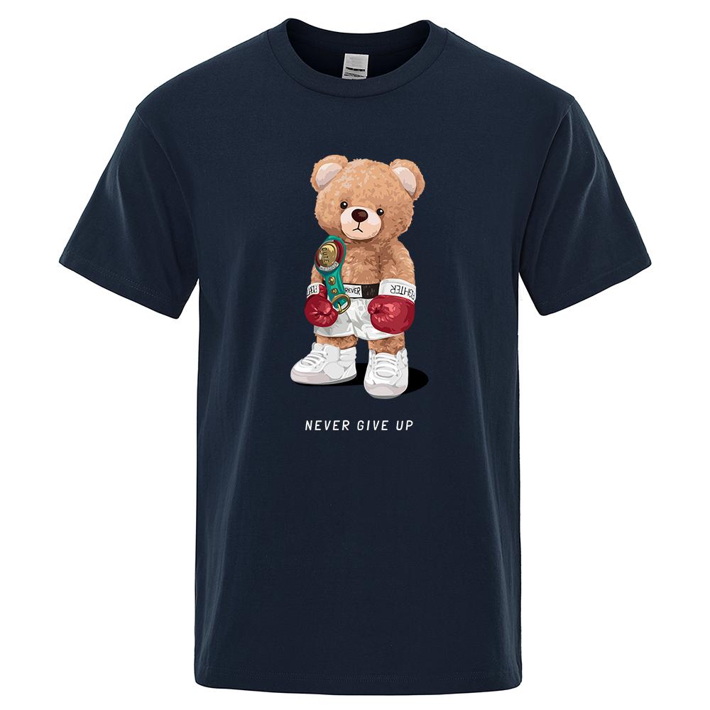 Strong Boxer Ted Bear Never Give Up Print Funny T-Shirt Men Cotton Casual Short Sleeves Loose Oversize Tee Clothing