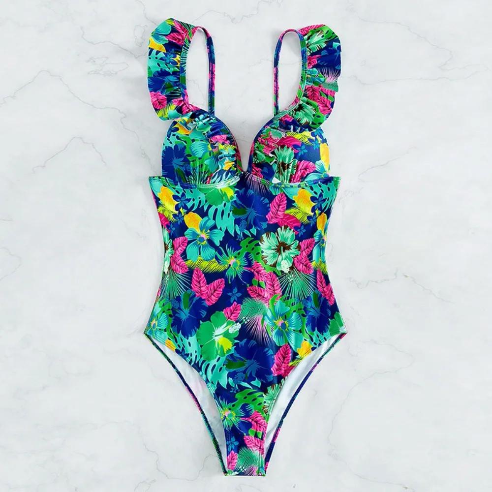 2024 Sexy Imprimat Floral Volane Push Up Costum de baie Trikini Femei Costum de baie pentru Femei Costum de baie Marime Plus