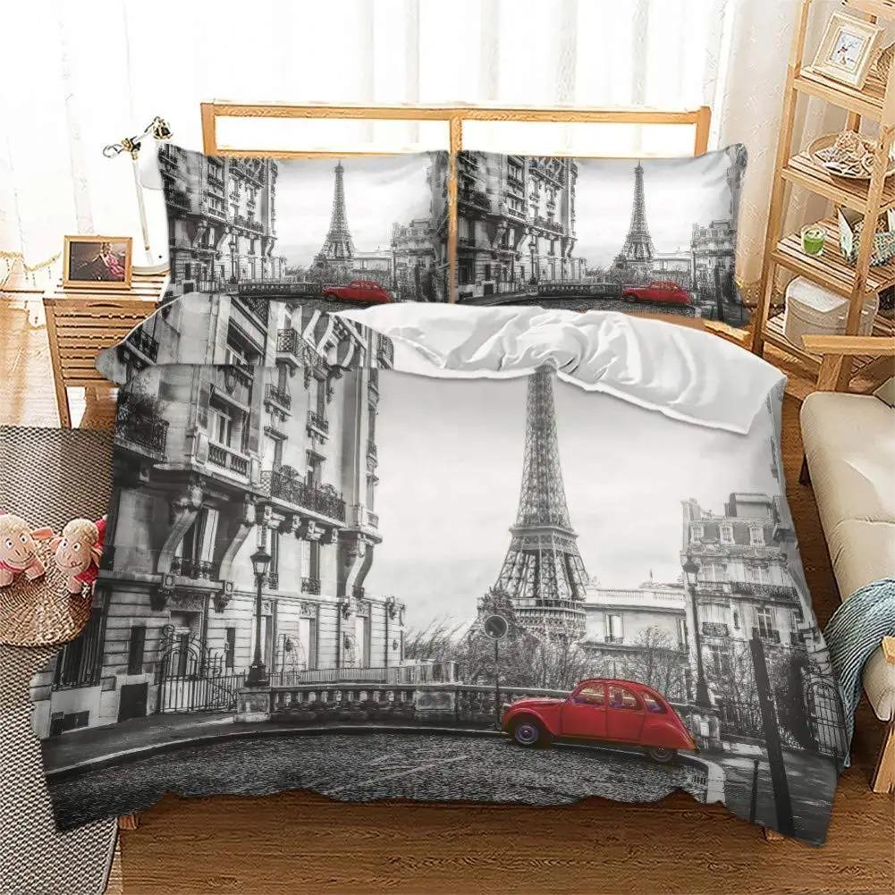 Eiffeltårnet Dynetrekk Set King/Queen Size Paris Theme Sengetøysett Jenter Tenåringer,Famous French Grey Byscape Style Dynetrekk
