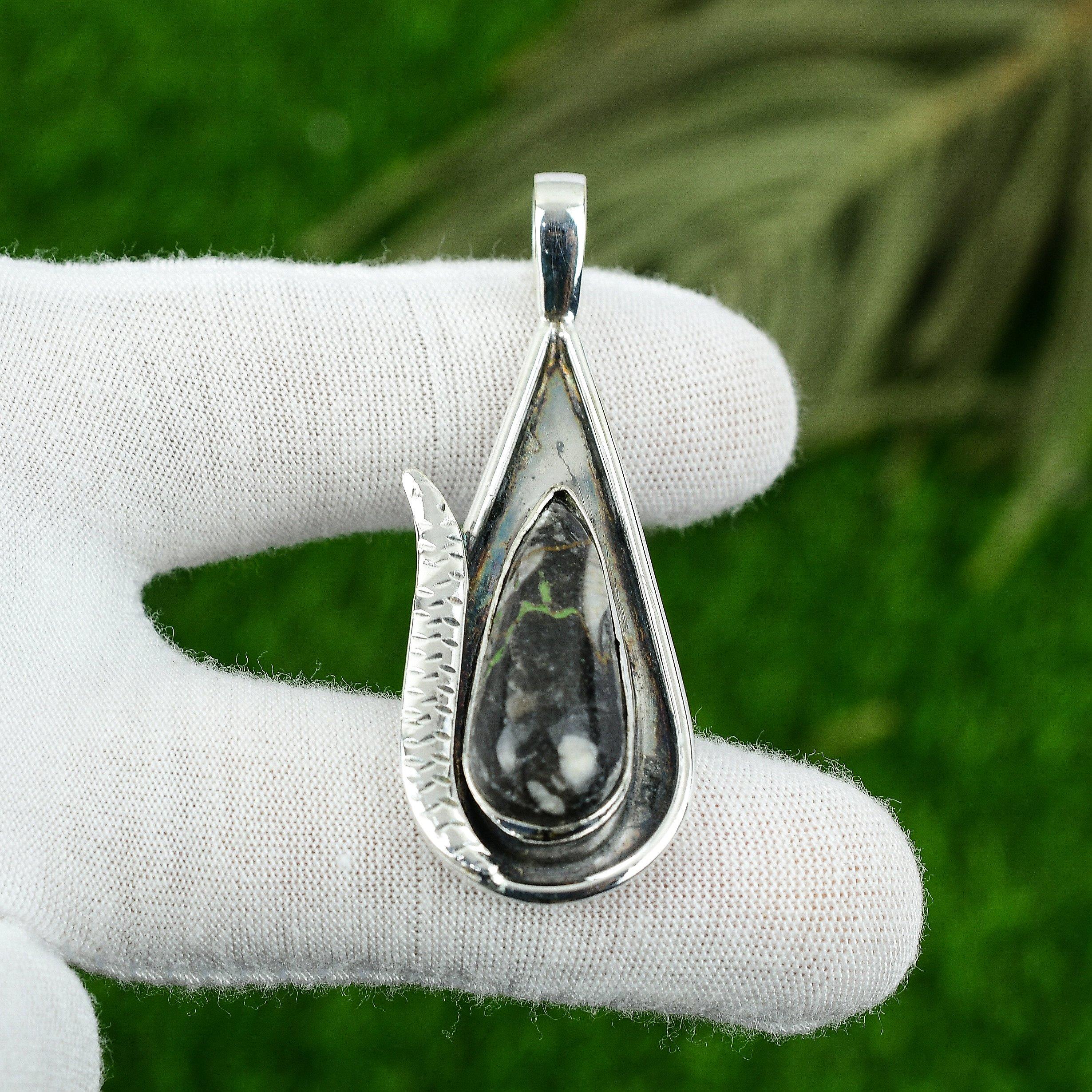 Orthoceras Fossil Gemstone 925 Sterling Silver Art Deco Bezel Daughter Pendant