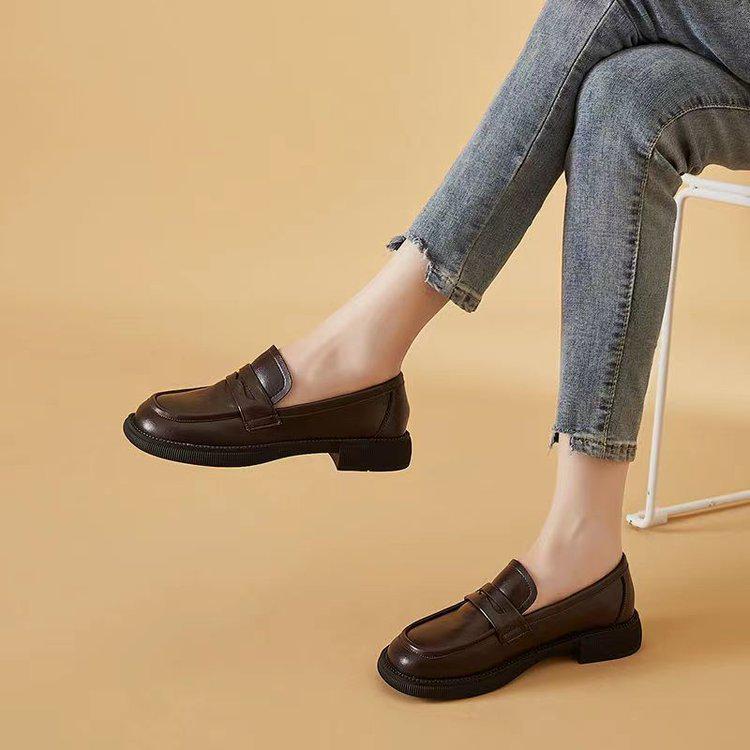 Spring 2025 Women's Black Leather Slip-On Loafers - British Style Flat Bottom JK Uniform Shoes