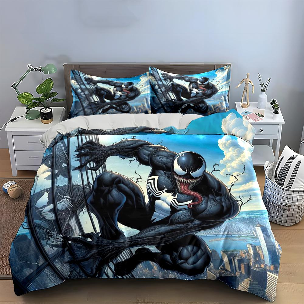 Venom-Themed Bedding Set with Skyline Bedding Set (1 Duvet Cover, 2 Pillowcases, Duvet Not Included)