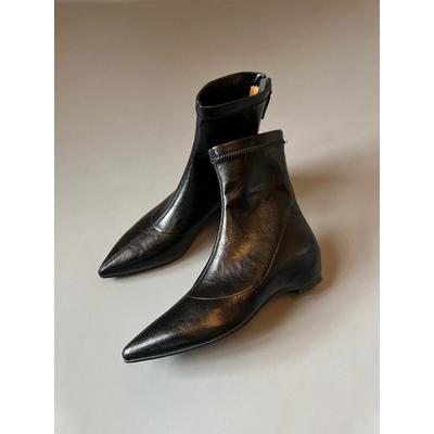 Sheepskin Version~ Genuine Leather Retro Pointed Inner Height-increasing Boots Elastic Thin Boots Women's New Versatile Short Boots Martin Boots