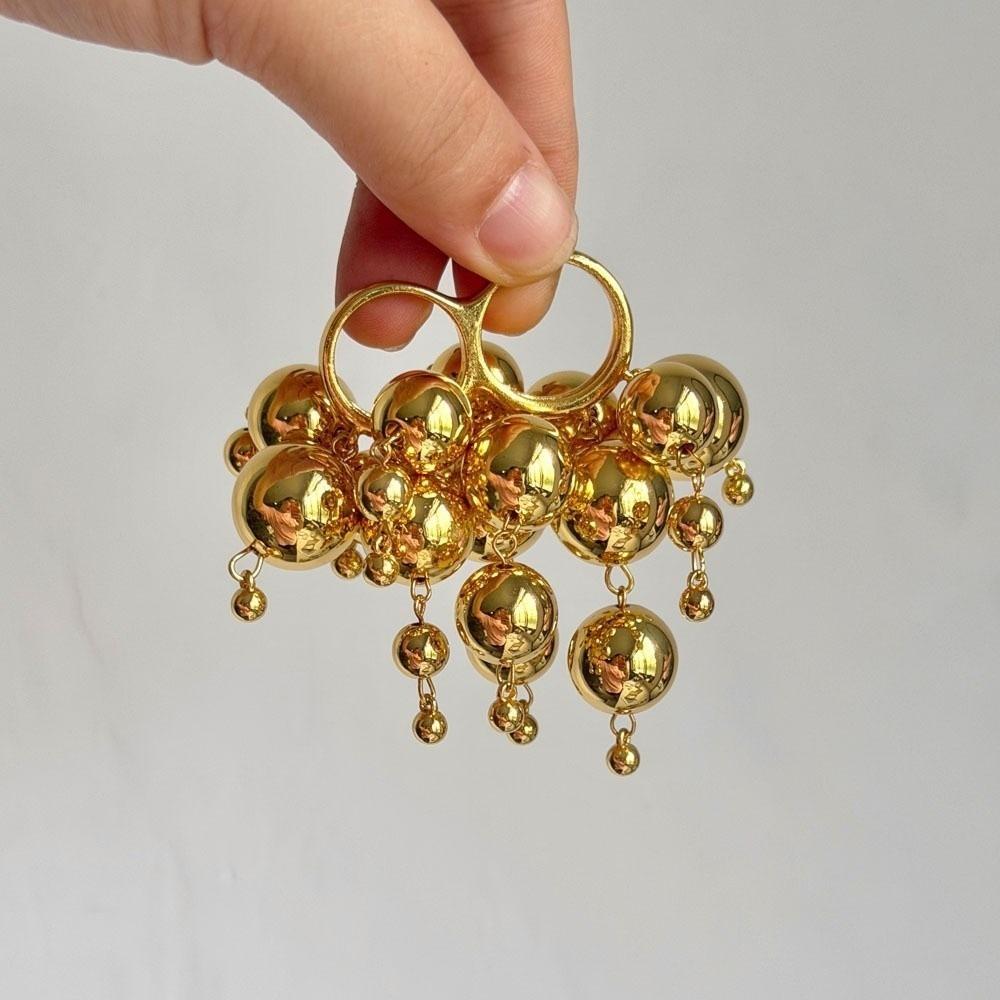 Round Ball Metal Balls Ring Vintage Punk Tassel Ring Fashionable Double Band Ring  for Women