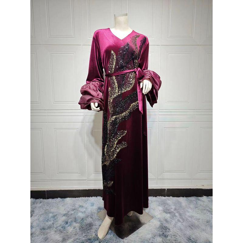 

Ближний Восток Новое поступление Бархатное платье с пайетками и вышивкой, с пышными рукавами Бархатное платье с пайетками и V-образным вырезом Jujube Red 2XL