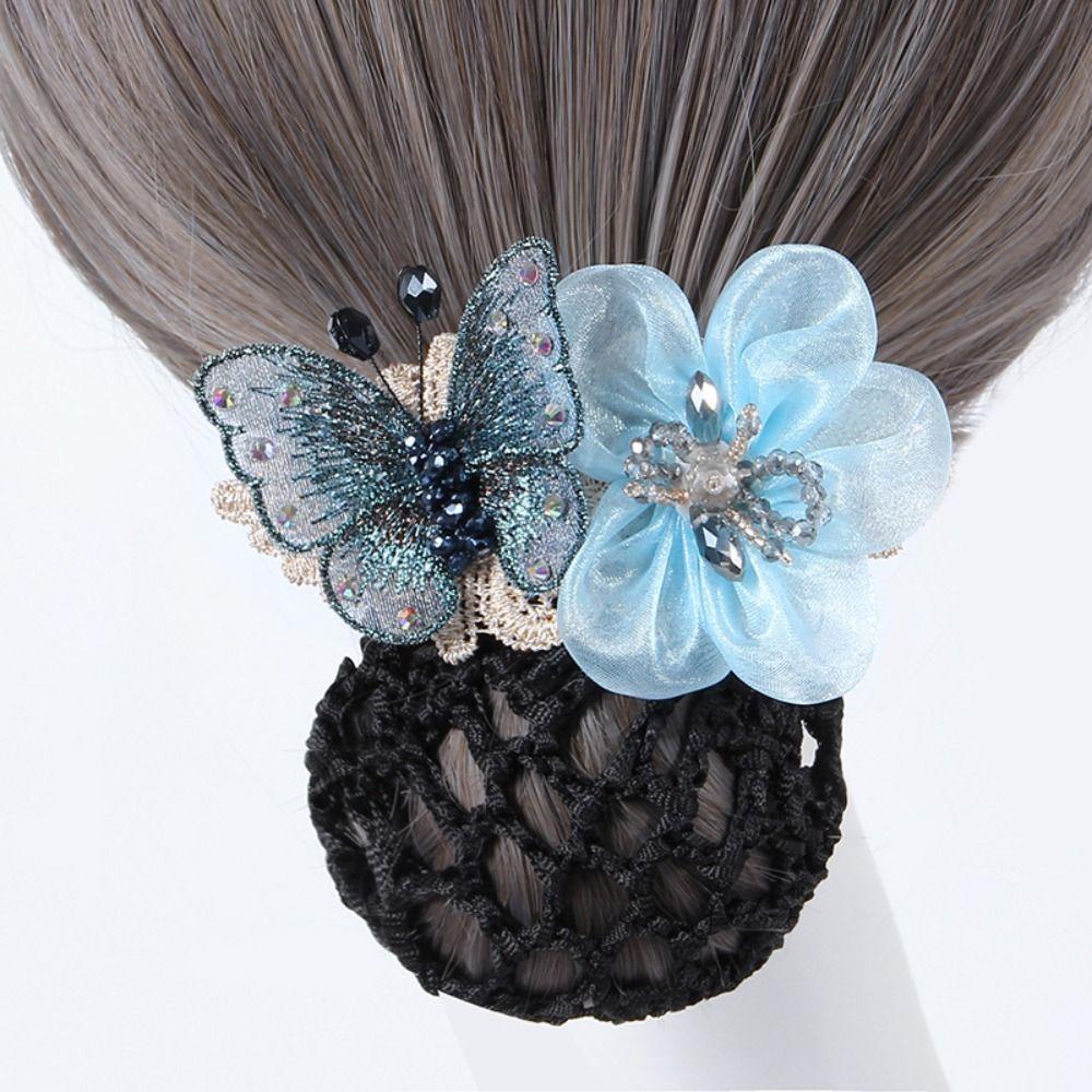 Butterfly Flower Hair Bun Net Korean Style Hair Bun Holder Work Hair Accessory Hotel Staff Uniform