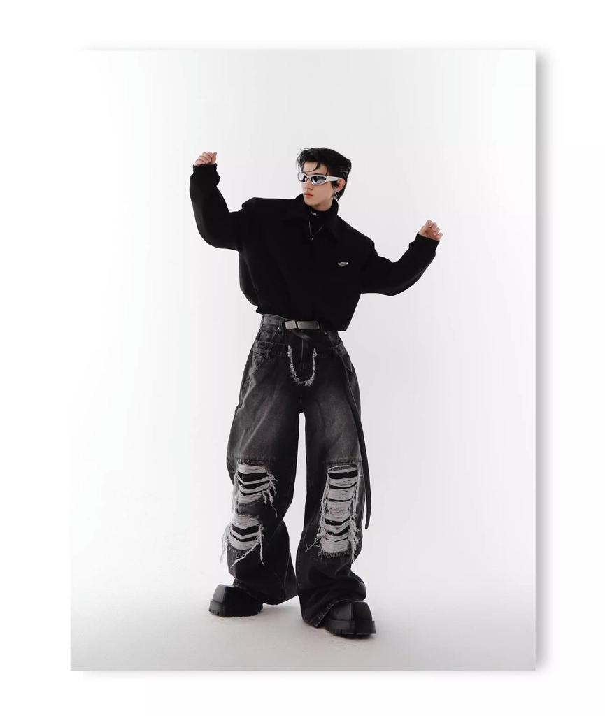 Men's American Retro Double Waist Ripped Patch Straight Jeans