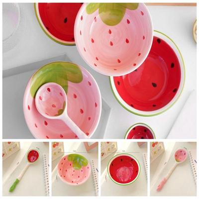 Watermelon Strawberry Shaped Ramen Spoon Ceramic Cereal Bowl Dessert Kitchen