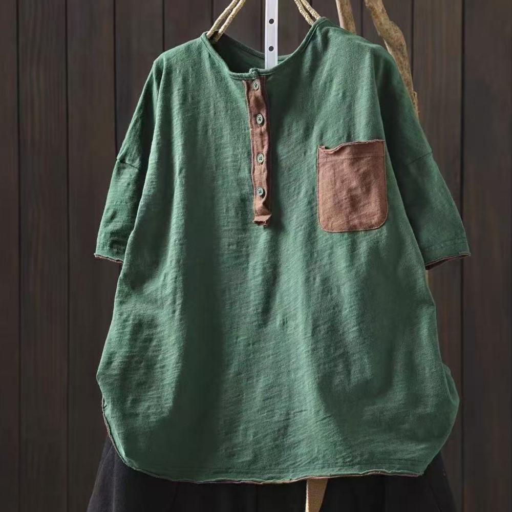 Johnature Women Vintage T-shirts Summer Chinese Style O-Neck Short Sleeve Pockets Solid Color Female T-Shirts