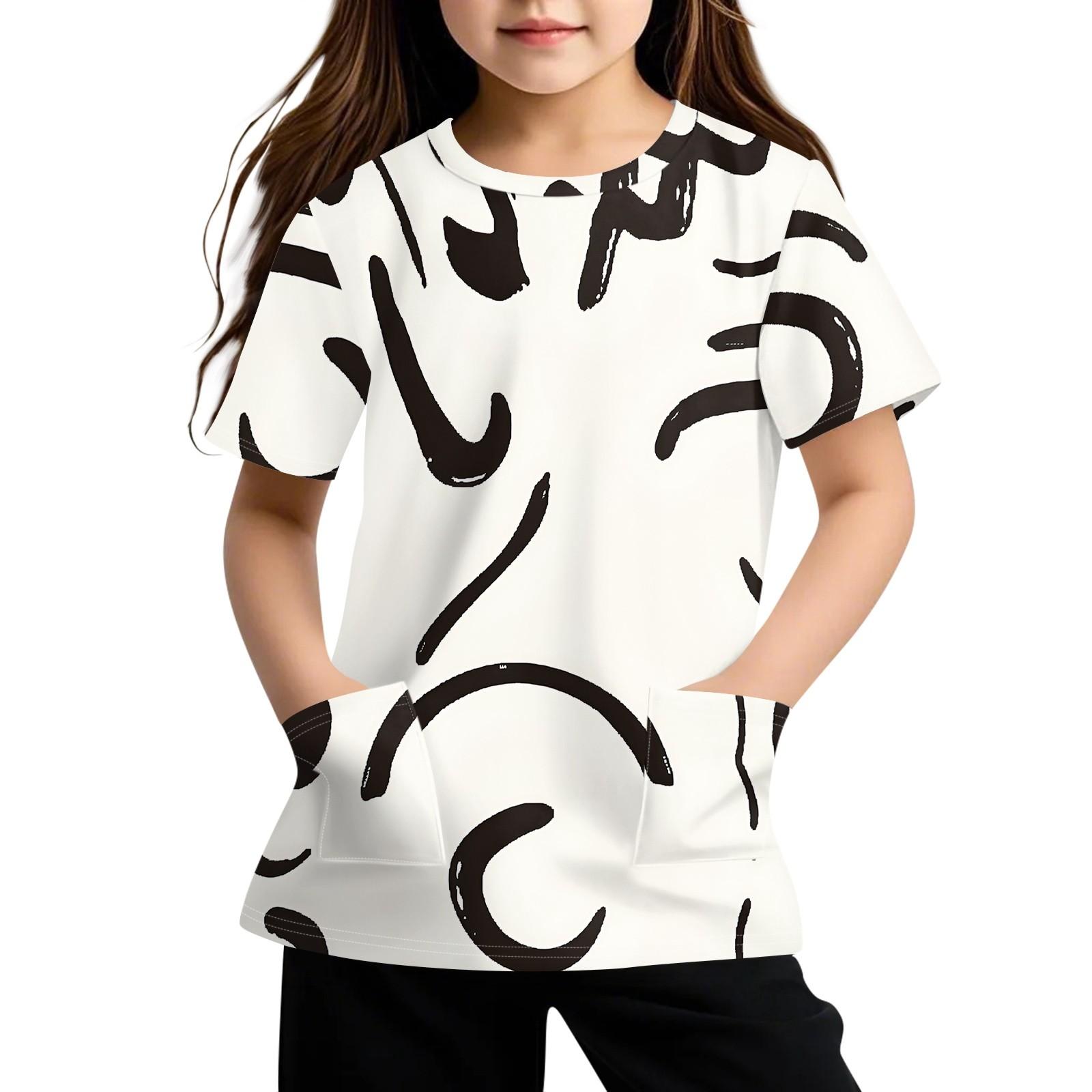 

Детская футболка с короткими рукавами и карманами, повседневная футболка с принтом, круглый вырез, блузка-пуловер 160 белый