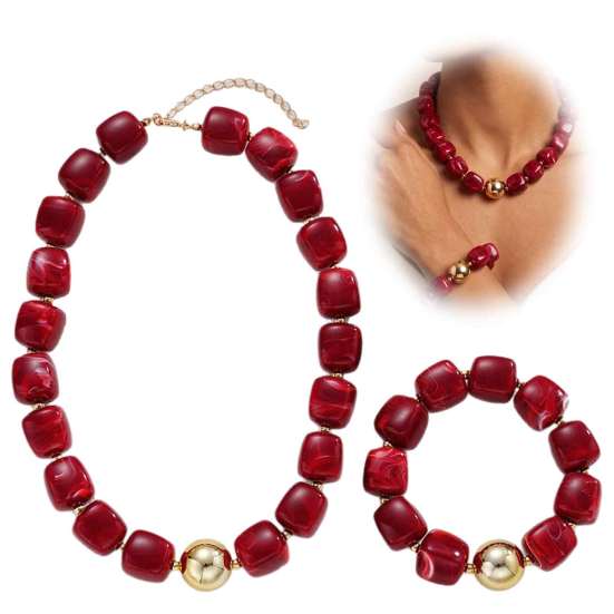 Chic Retro Style Jewelry Accessories 1 Set Red Beaded Bracelet Necklace, Acrylic Square Bead Choker Comfortable Lightweight Neck And Set, Chunky