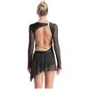 Robe de Danse Lyrique pour Femmes Manches Longues en Mesh Transparent Dos Nu Strass Jupe Asymétrique Robe de Patinage Artistique