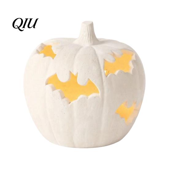 Halloween Pumpkin Decor Resin Figurine, Bat Hollow Out Lantern with Durable Collectibles Warm Light, Spooky Indoor Outdoor Home Table Fireplace Creepy