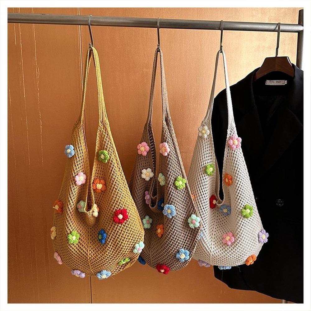 Large capacity hollow knitted bag, fashionable and trendy commuting tote bag, yarn knitted vacation beach bag, single shoulder crossbody bag