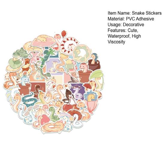 50Pcs Cartoon Stickers Various Lovely Snake Patterns Waterproof PVC Adhesive DIY Decoration Removable Suitcase Water Bottle Graffiti Stickers