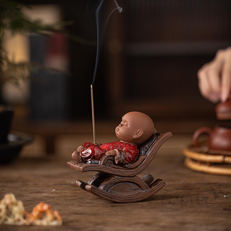 Charming Zen Buddha Tea Pet Ornament with Rocking Chair Incense Burner for Tea Table Accessories