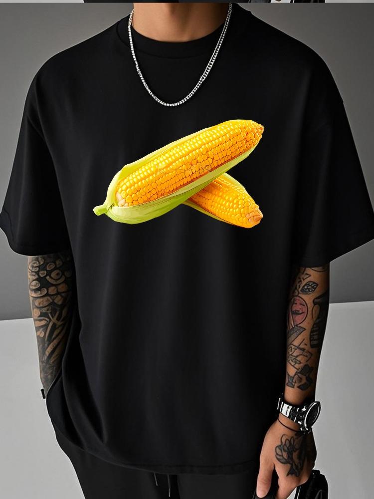 Men Summer White Short Sleeve Tee Fresh Yellow Corn Vegetable Graphic Crew Neck Loose Casual Ma