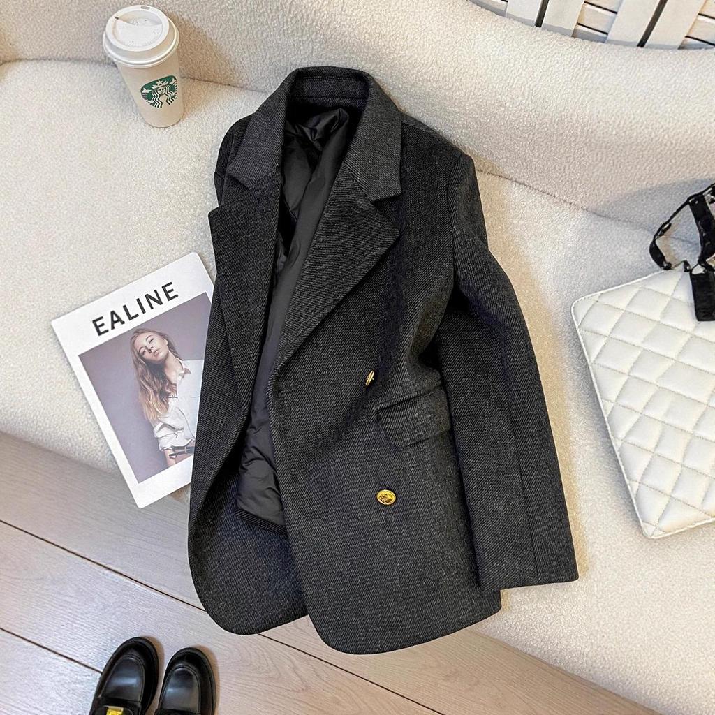 Women's 2025 Winter Dark Grey Twill Blazer - British Style Commuting Jacket