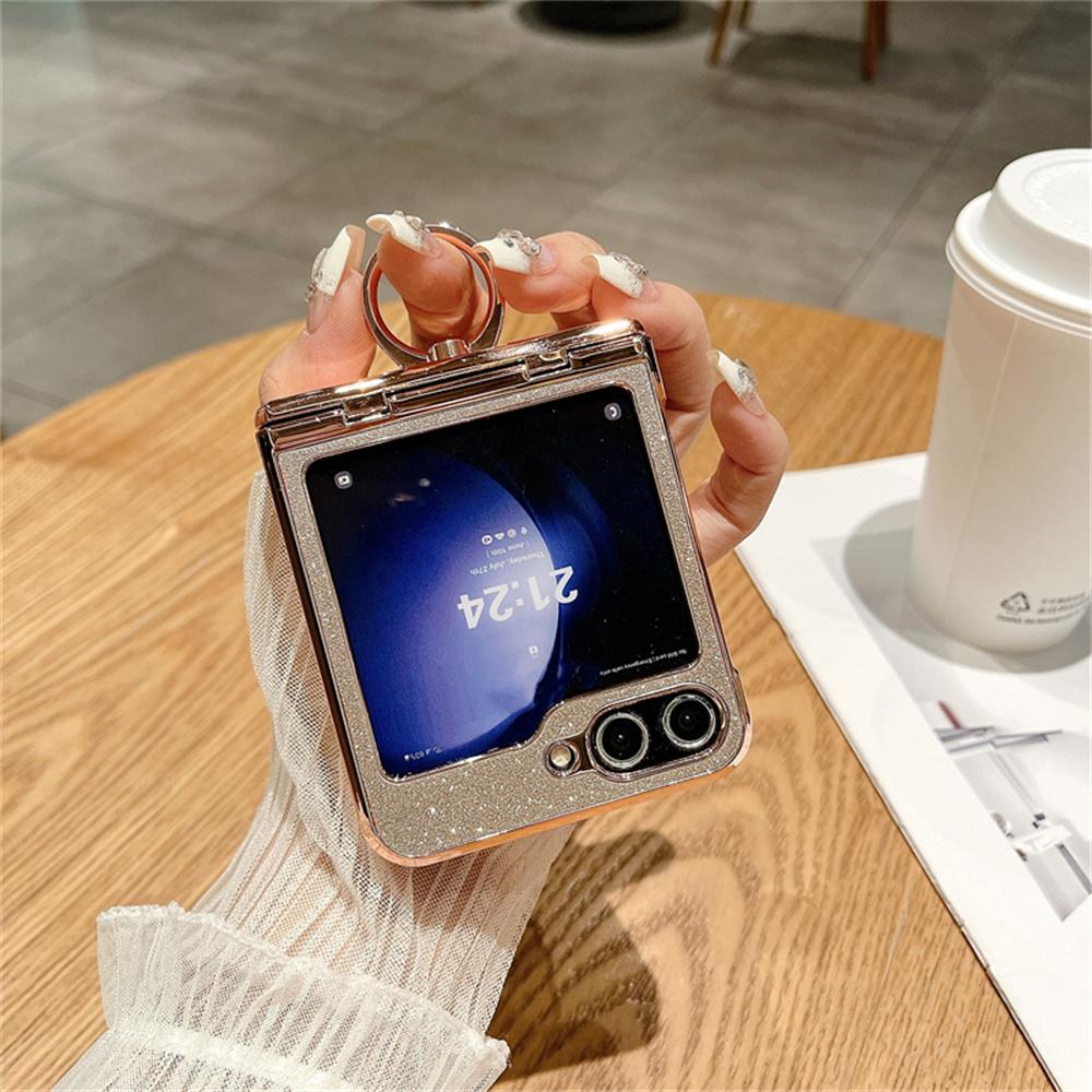 Glitter Ring Holder Stand Case for Samsung Galaxy Z Flip 5 4 3 6 7 ZFlip 7 Flip5 Bracket Bling Diamond Gradient Plating Cover