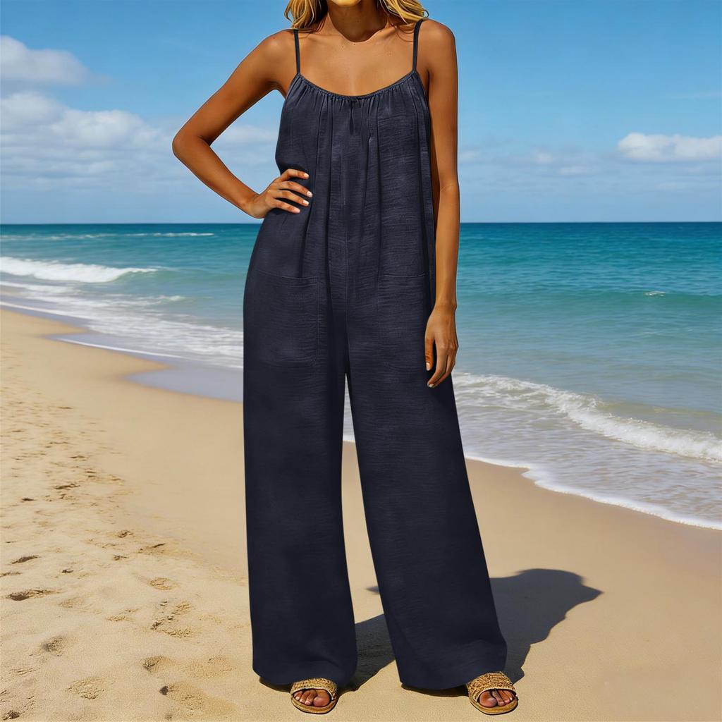 Damen-Jumpsuit, Lässige und lockere Passform, Mit rückenfreiem Design und dünnen Vintage-Trägern. Dieser Loungewear-Jumpsuit ist aus Baumwolle und Li