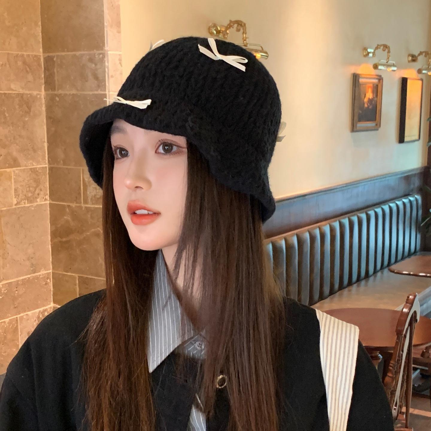 

Bow Knitted Hat Wool Hat for Women In Autumn and Winter Sweet Thickened Warm Head Cold Hat Showing Small Face one size
