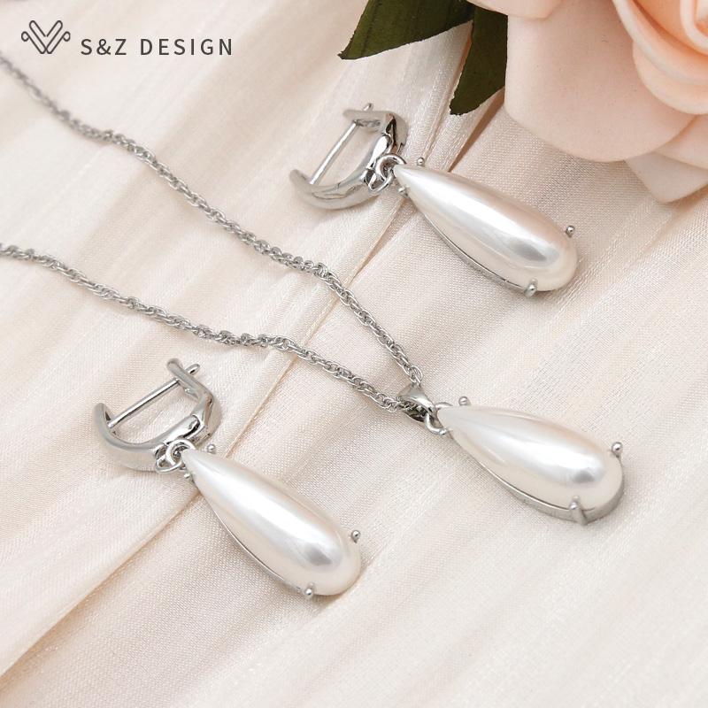 Fashion Water Drop Simulated-pearl Dangle Earrings Jewelry Sets For Women Wedding Rose Gold Color Pendant Necklace
