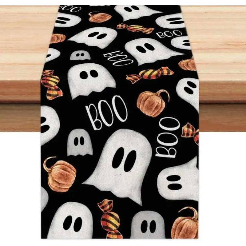 Halloween Polka Dot Ghost Pumpkin Cat Linen Table Runners Party Decor Reusable Dining Table Runners Kitchen Halloween Decoration