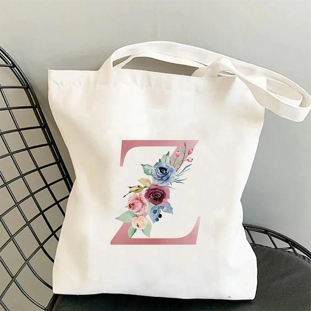 Blumen Alphabet A-Z Damen Einkaufs-Tragetaschen Canvas Große Kapazität Studenten Toilettenartikel Organizer Lässige Tragetasche Buchstaben-Taschen Geschenk