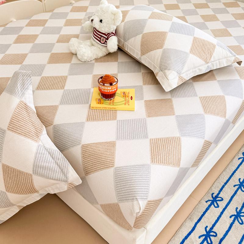 Square Geometric Cotton Fitted Sheet Set Grey and Orange Geometric Lines Bed Cover Adult Single 3pcs Bedding Deep Pocket Design