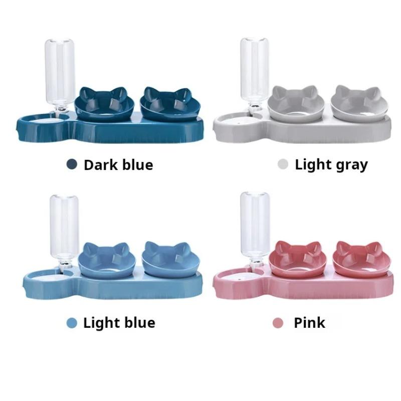 Pet Bowls with Water Feeder 3 in 1 Ear Design Tilted Cat Water and Food Bowl Set with Gravity Water Bottle for Neck Protection