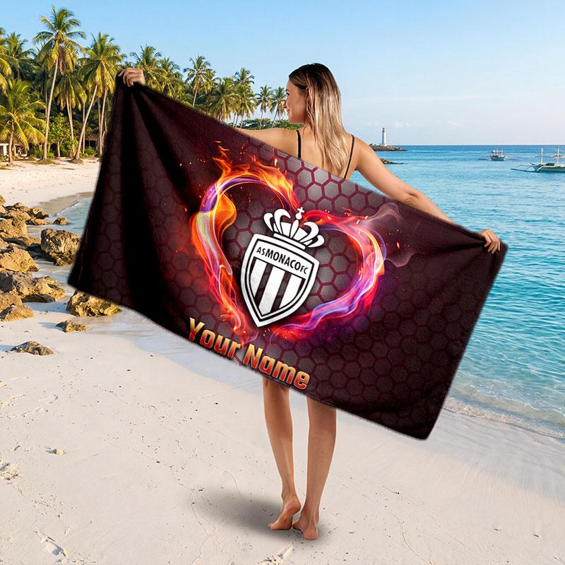 Monaco FC Custom Beach Towel, Personalized Name Text Print, Football Logo Soft Quick‑Dry Towel Holiday Gift