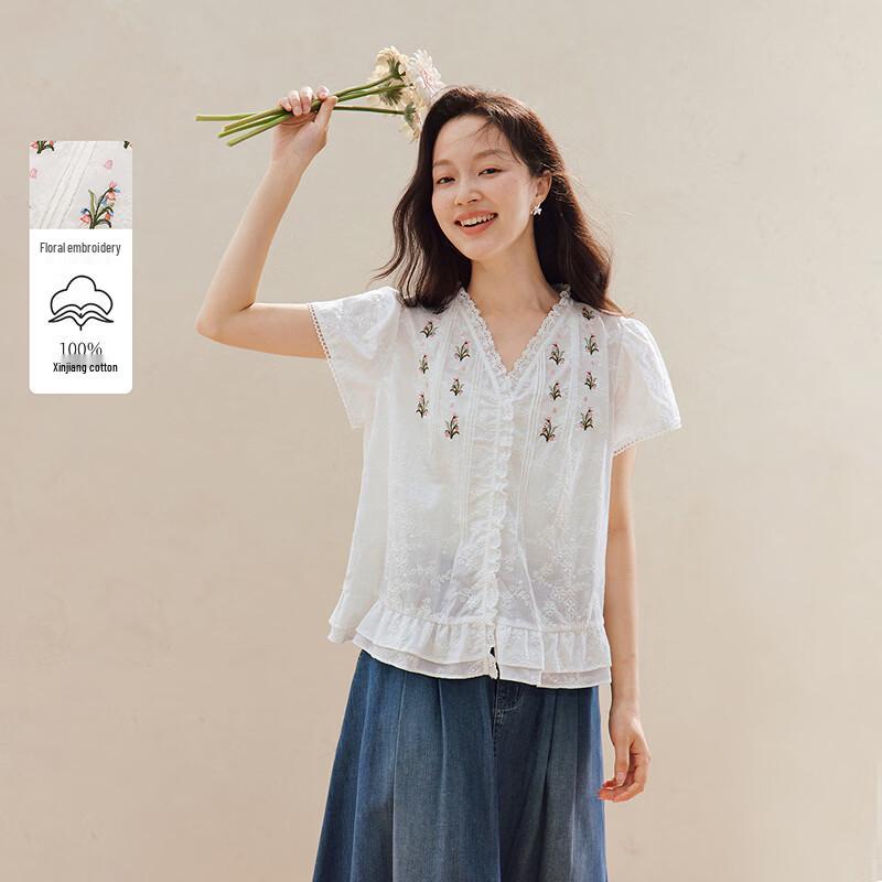 Inman French Lace Embroidered V-Neck Short Sleeve Cotton Shirt L