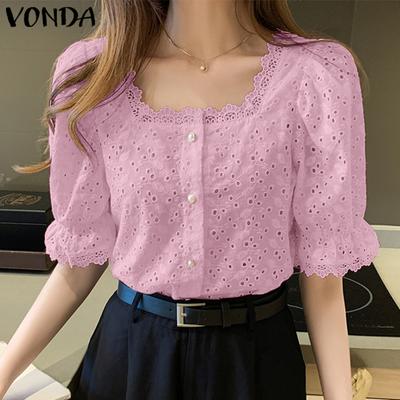 Summer Women Cotton Square Neck Hollow Out Tops