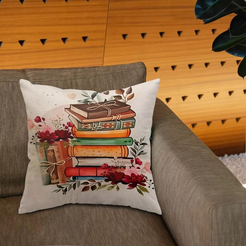 1Pc Vintage Book Stack Floral Print Cushion Cover Polyester 2D Double-Sided Printing Pillow Cover For Sofa Bedroom Living Room B
