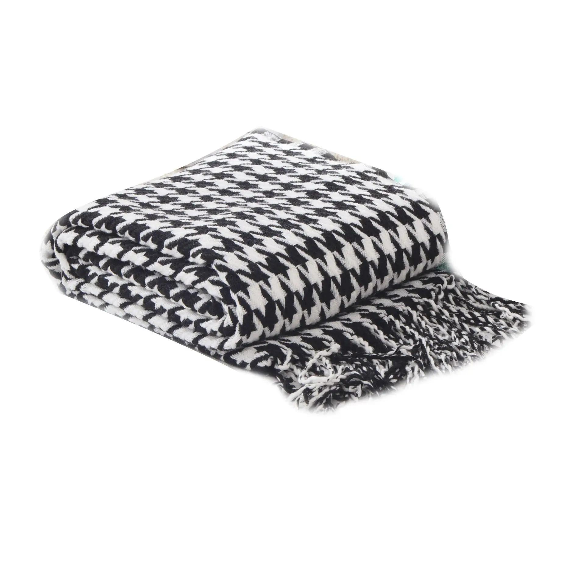 

Houndstooth Blankets Vintage Tassel Korean Style Chic Design Sofa Warm Spring Midday Rest Bedroom Knitted Popular Home Textile 90 220cm чорний