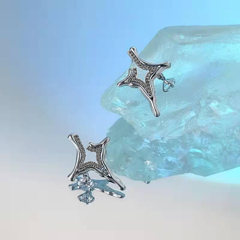 Lava Tetragonal Star Stud Earrings Femininity Zircon High-End Sense Niche Design Cold Wind Metal Light Luxury Earrings