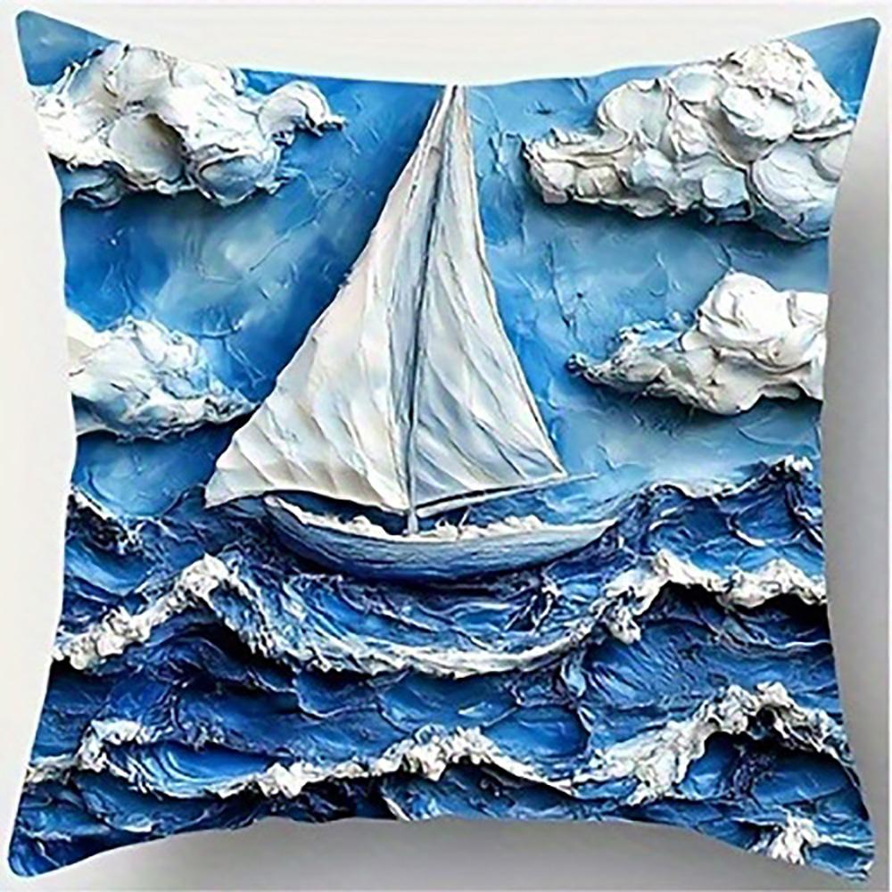 Sailboat On Blue Wave PillowcaseSuitable for Sofa Car Bedroom Decorative Cushion Cover Pillow Cover