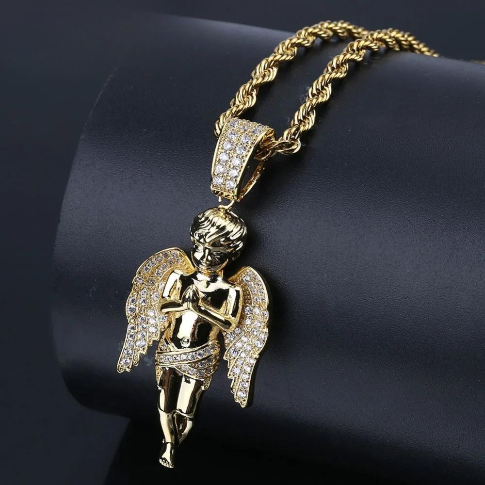 HipHop Herren Damen Halskette Vergoldet Iced Out Mikro-Pavé-Steine Engel Anhänger Halsketten Love'sblessing Geschenke